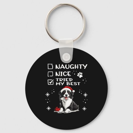 Cute Border Collie Dog Christmas Naughty Nice Trie Sleutelhanger (Voorkant)