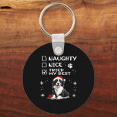 Cute Border Collie Dog Christmas Naughty Nice Trie Sleutelhanger (Voorkant)