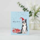 Cute Border Collie met Santa Hat Waterverf Art Feestdagenkaart (Staand voorkant)