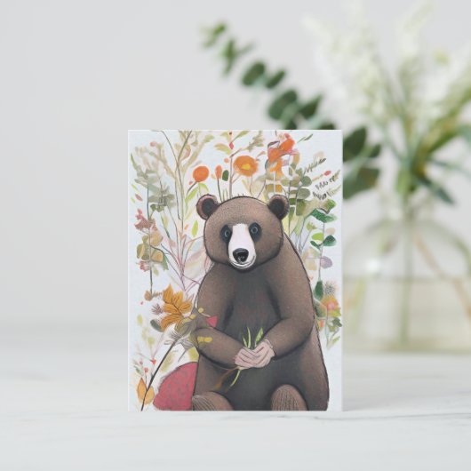 Cute bosbeer met lente bloemen natuur kunst briefkaart (Staand voorkant)
