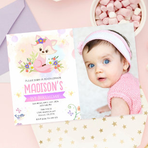 Cute Bosbloem Vos Meisje 1e Verjaardag Foto Kaart