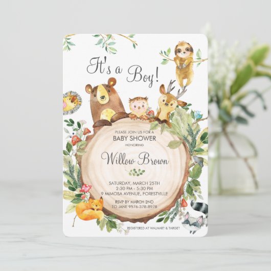 Cute Bosdieren Baby Shower Geslacht Neutraal Kaart (Staand voorkant)