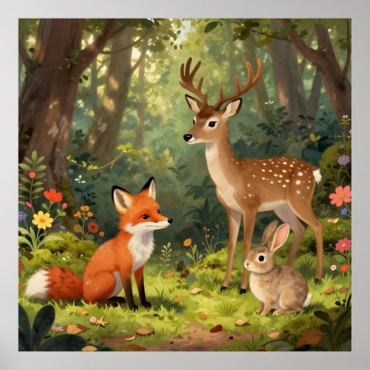 Cute Bosdieren Bos Scene Poster (Voorkant)