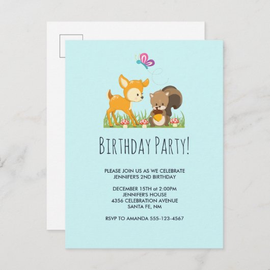 Cute bosdieren cartoon verjaardagsfeestje uitnodiging briefkaart (Voorkant / Achterkant)