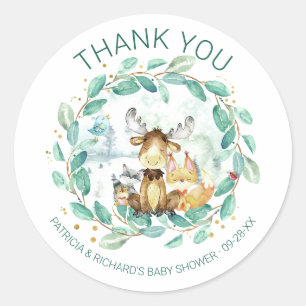 Cute bosdieren groen baby shower ronde sticker