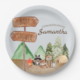 Cute bosdieren in het bos op een camping babyshowe papieren bordje