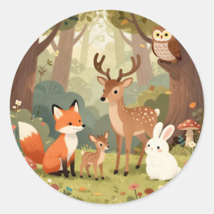 Cute Bosdieren Nursery Scène Ronde Sticker