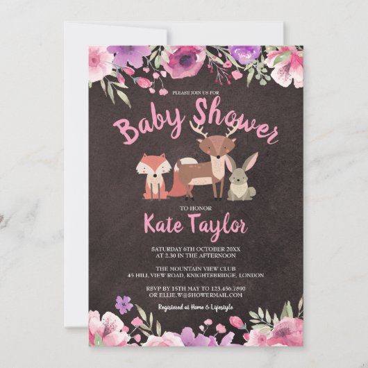 Cute bosdieren roze bloemen baby shower kaart (Voorkant)
