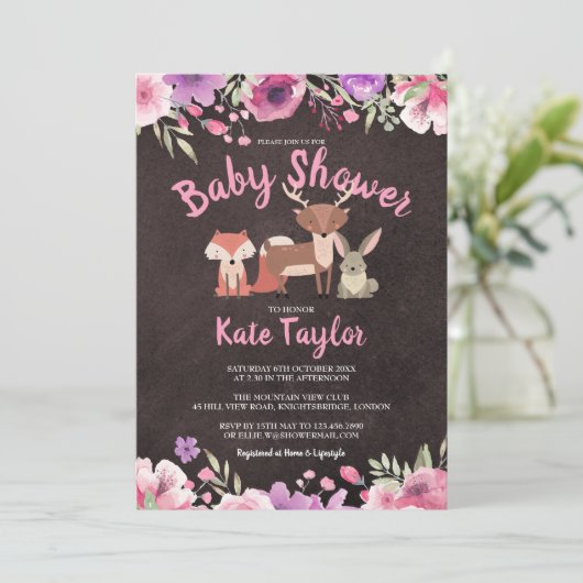 Cute bosdieren roze bloemen baby shower kaart (Staand voorkant)