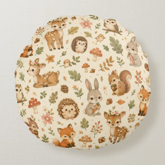 Cute Bosdieren Waterverf Patroon Rond Kussen (Voorkant)