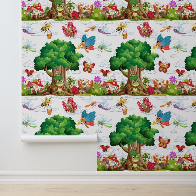 Cute Bosinsecten & Kikker Boomhut Kinderen Behang (Applicatie)