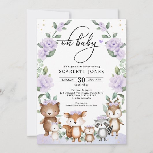 Cute Bosland Paarse Bloemige Groene Baby Shower Kaart (Voorkant)