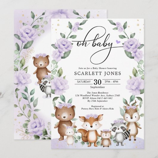 Cute Bosland Paarse Bloemige Groene Baby Shower Kaart (Voorkant / Achterkant)