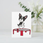 Cute Boston Terrie Dog on Trampoline Cartoon Briefkaart (Staand voorkant)