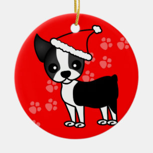 Cute Boston Terrier Cartoon Santa Hat Red Keramisch Ornament