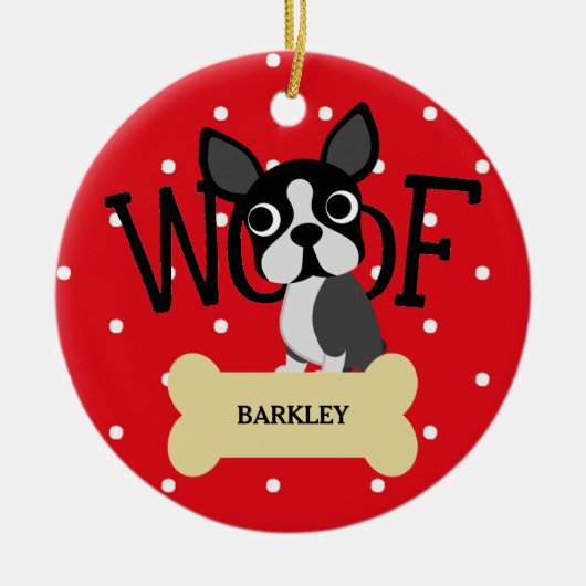 Cute Boston Terrier en Gold Bone en Red Stippen Keramisch Ornament (Voorkant)