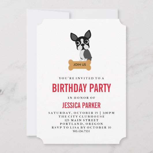 Cute Boston Terrier met Bone Birthday Party Kaart (Voorkant)