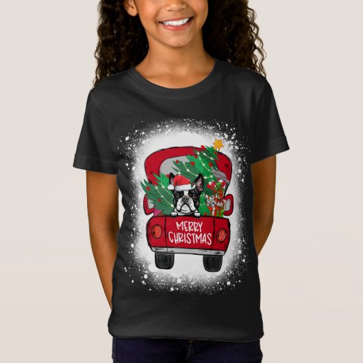 Cute Boston Terrier Red Truck Merry Kerstmis Blea T-shirt (Voorkant)