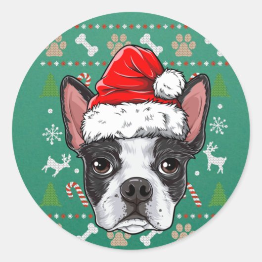 Cute Boston Terrier Ugly KerstSweater Santa Santa Ronde Sticker (Voorkant)