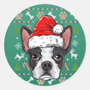 Cute Boston Terrier Ugly KerstSweater Santa Santa Ronde Sticker