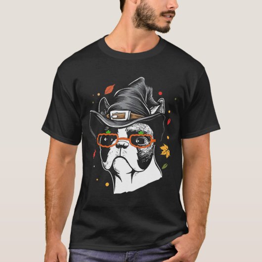 Cute Boston Terrier With Witch Hat Halloween Costu T-shirt (Voorkant)