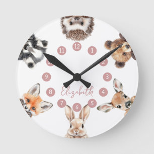 Cute bosvrienden bosdieren roze kinderkamer ronde klok