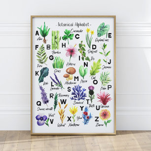 Cute Botanical Flowers Alphabet Baby Nursery Poster