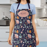 Cute botanical pastel floral patroonnaam navy schort<br><div class="desc">roze,  oranje en sage groen gepatterd feminine navy schort met gepersonaliseerde naam of tekst over een roze roze ovale geometrische vorm.</div>
