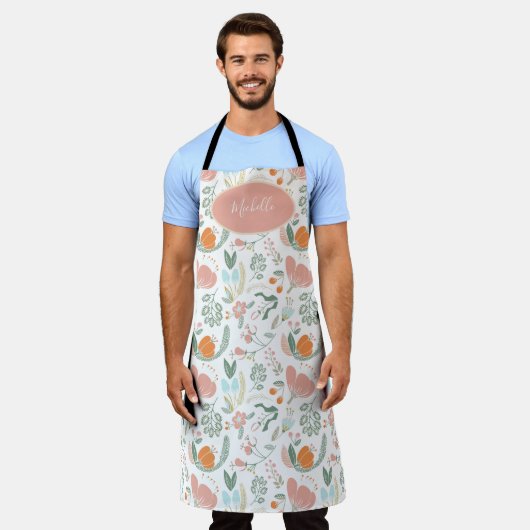 Cute botanical pastel floral roze naam schort (Gedragen)