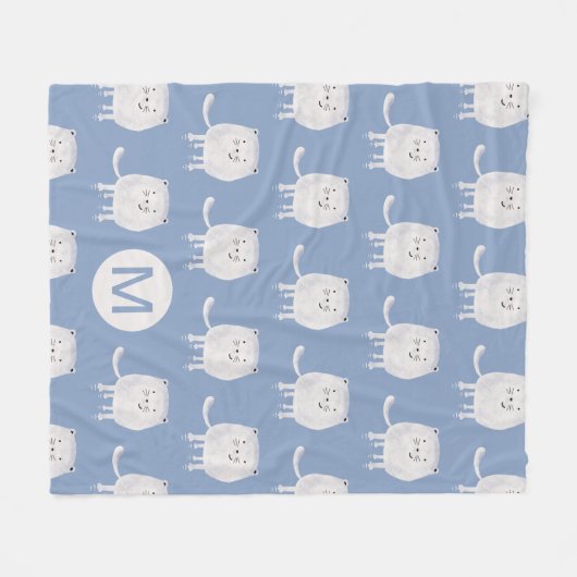 Cute Bouncing White Cat Pattern Monogram Blue Fleece Deken (Voorkant (Horizontaal))
