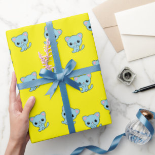Cute Bouncy Blue kitten op geel Cadeaupapier