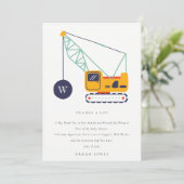 Cute Bouw Kraan Voertuig Baby Shower Bedankkaart (Staand voorkant)