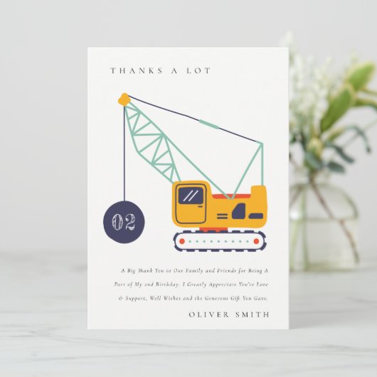 Cute Bouw Kraan Voertuig Verjaardag Elke Leeftijd Bedankkaart (Staand voorkant)