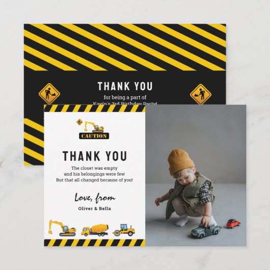 Cute Bouw Truck Foto Verjaardag Bedankkaart (Voorkant / Achterkant)