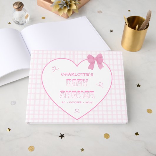 Cute Bow Pastel Pink Gingham Baby Shower Gastenboek (Voorkant open)