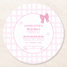 Cute Bow Pastel Roze Geruite Baby Shower Ronde Kartonnen Onderzetter