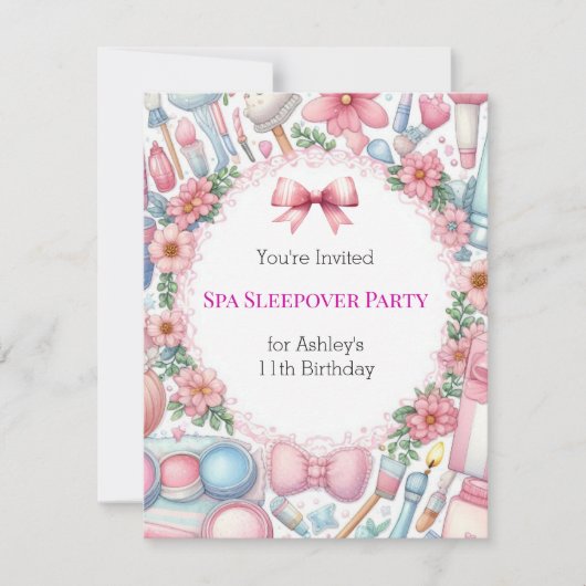 Cute Bows Spa Sleepover Birthday Party Invitation Kaart (Voorkant)