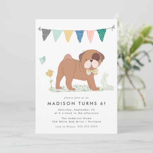 Cute Bowtie Pug Birthday Party Kaart (Staand voorkant)