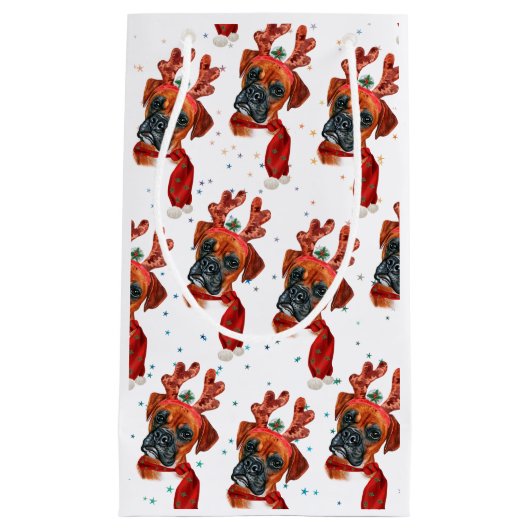 Cute Boxer Dog met Reindeer Antlers Kerstmis Klein Cadeauzakje (Voorkant)