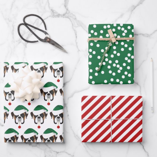Cute Boxer en Red Striped Kerstmis Inpakpapier Vel (Voorkant)