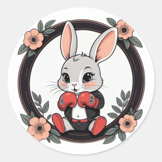Cute Boxing Bunny with Flowers Ronde Sticker (Voorkant)