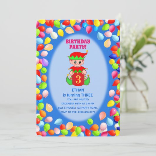 Cute Boy 3e Verjaardag Ballonnen Kaart (Staand voorkant)