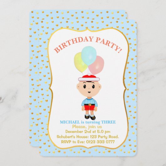 Cute Boy 3rd Birthday Invitation Kaart (Voorkant / Achterkant)