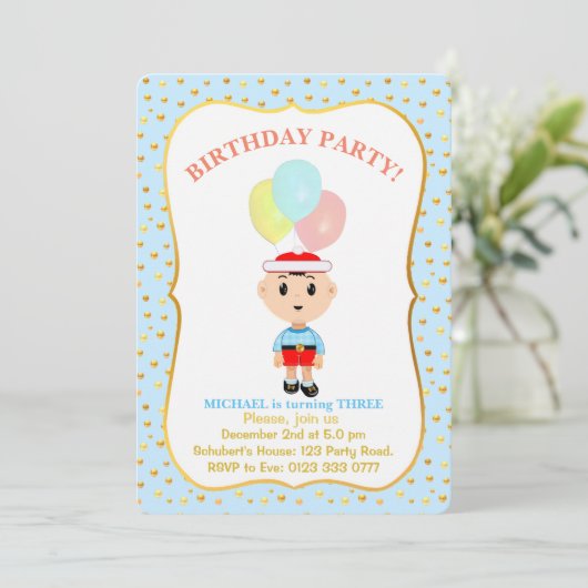 Cute Boy 3rd Birthday Invitation Kaart (Staand voorkant)
