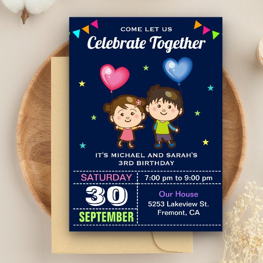 Cute Boy and Girl Twin Birthday Party Invitation Kaart