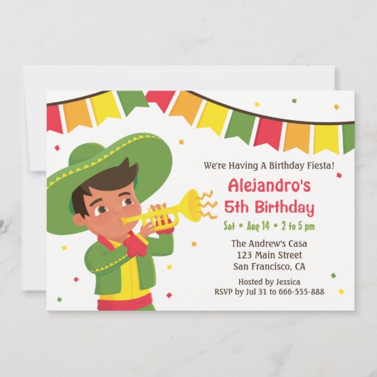 Cute Boy and Trumpet Mexican Fiesta Birthday Party Kaart (Voorkant)