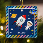Cute Boy Astronaut Buitenruimte Raketkamer Kinder  Keramisch Ornament<br><div class="desc">Pas deze schattige vierkant versiering aan met de naam van je kind om je eigen unieke kamerversiering voor aangepaste jongens te creëer.</div>