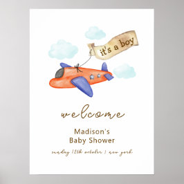 Cute Boy Aviator Airplane Baby Shower Welcome Poster