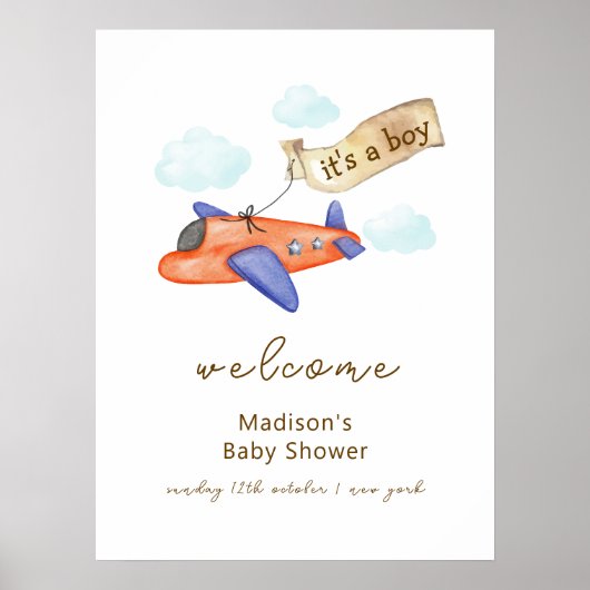 Cute Boy Aviator Airplane Baby Shower Welcome Poster (Voorkant)