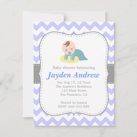 Cute Boy Baby shower, Blue and White Chevron Kaart (Voorkant)